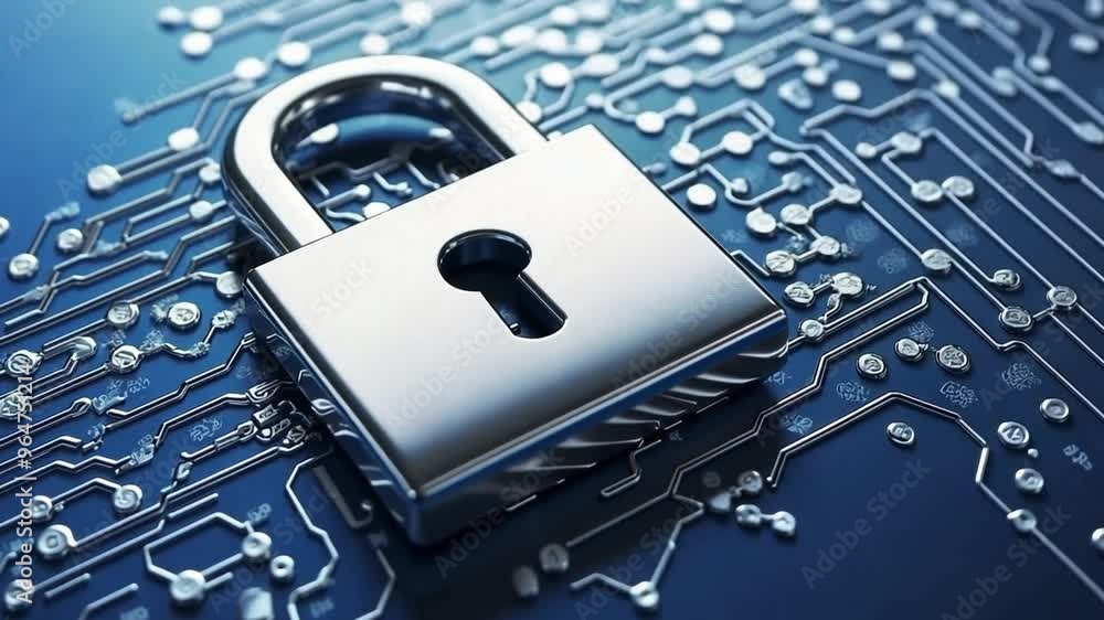 Poster secure lock on a circuit board background representing digital safety generative ai