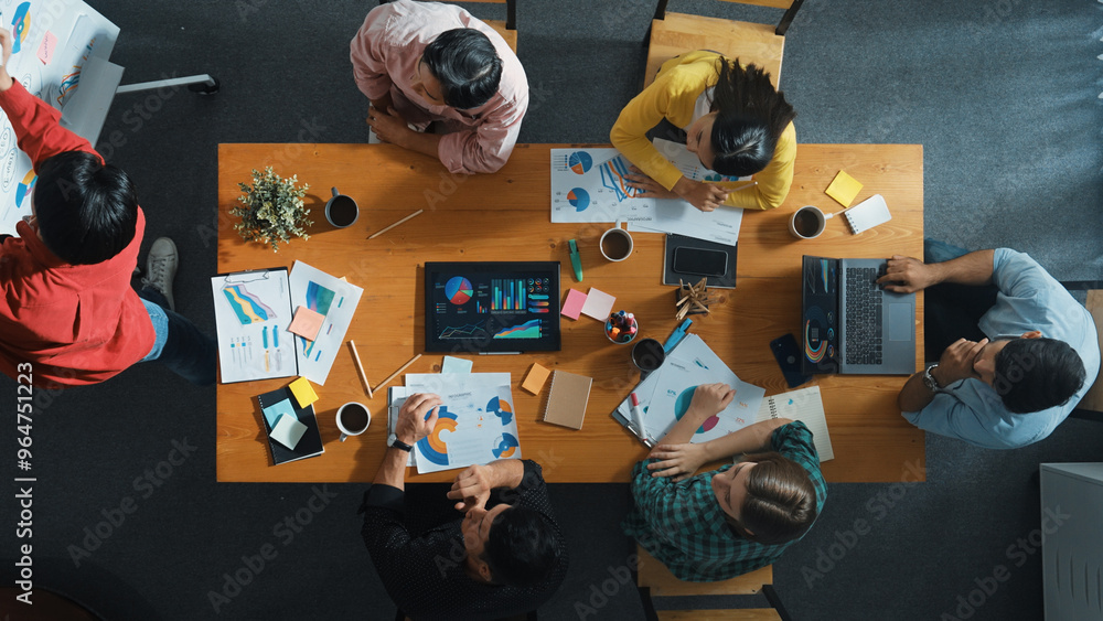 Aufkleber top down view of investor brainstorming while looking at financial statistic document. group of dive