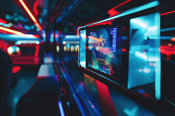 Futuristic control panel with neon lights and holographic interface in a sleek, modern environment, featuring vibrant red and blue lighting effects with a high-tech, sci-fi atmosphere