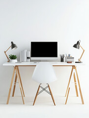 desk office workspace computer lamp chair plant minimalism furniture white modern organized home office stylish decor work desk wooden legs scandinavian design 
