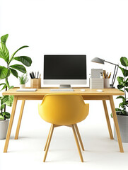 Fototapeta premium office desk computer chair plants workspace modern home office decor furniture interior yellow chair minimalist creativity organization stationery 