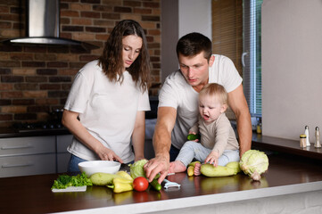 Loving family busy preparing various tasty vegetable food in the kitchen while cheerful child sits...