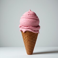 Pink soft serve ice cream in a cone on white background..