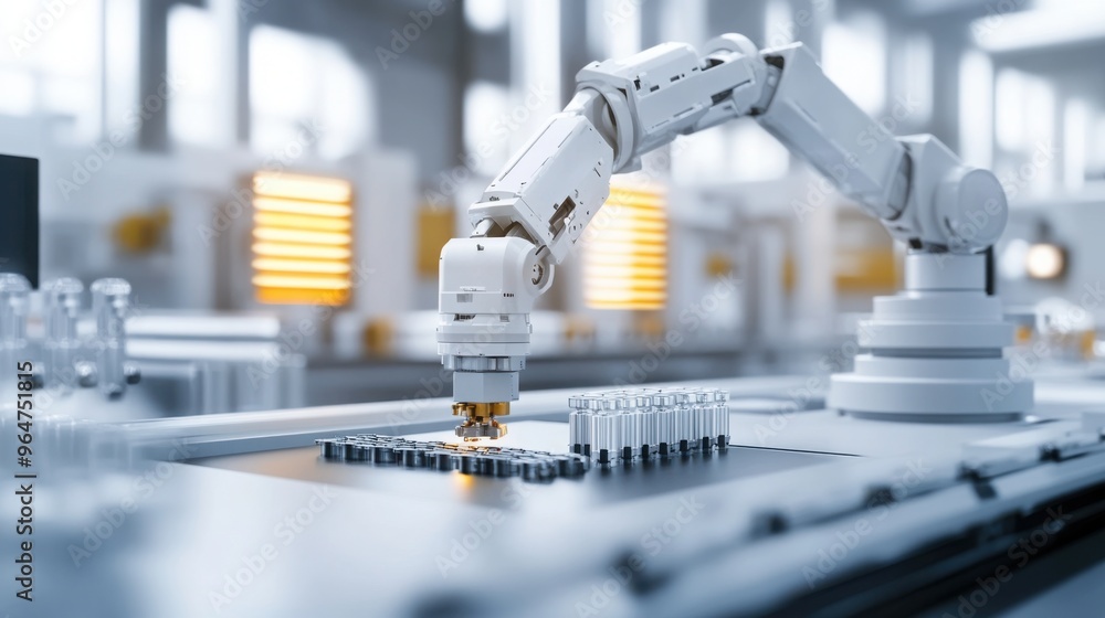 Poster a robotic arm working on a production line, assembling parts with precision.