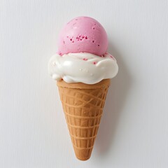 Pink soft serve ice cream in a cone on white background..