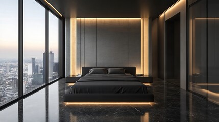 A sleek, modern bedroom with a stunning city view. Black terrazzo floors and a hidden light feature add a touch of luxury. The room is furnished with a comfortable black fabric bed.