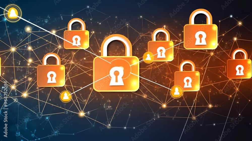 Poster digital network security locks connecting through glowing lines generative ai