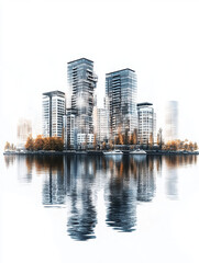 Naklejka premium city skyline buildings architecture urban waterfront modern reflection landscape business cityscape trees tranquil nature fog skyline reflection modern architecture