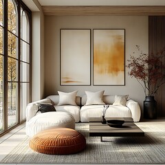  Japandi, scandinavain interior design of modern living room. 