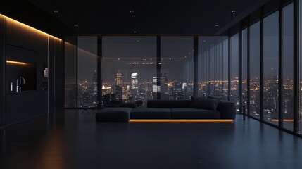 Fototapeta premium A sleek, modern living room with a stunning city view. The black terrazzo floor and walls have hidden lighting, and the room is furnished with a luxurious black sofa.