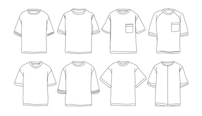 Types of t-shirts. Line drawing of T-shirt vector template set mock up isolated on white background. flat technical drawing template. Unisex T-Shirt illustration, T-shirt Mock-up.
