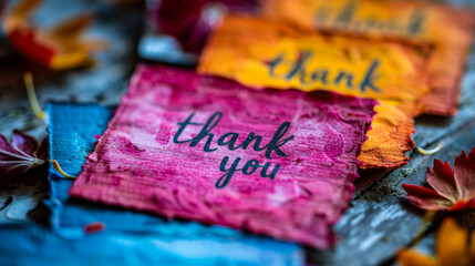 Colorful "Thank you" cards on rustic surface