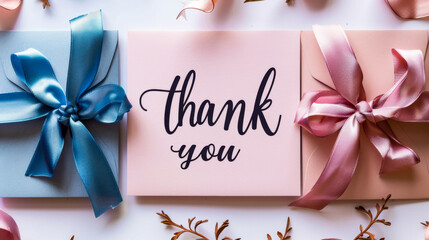 "Thank you" cards with ribbons and decorative elements