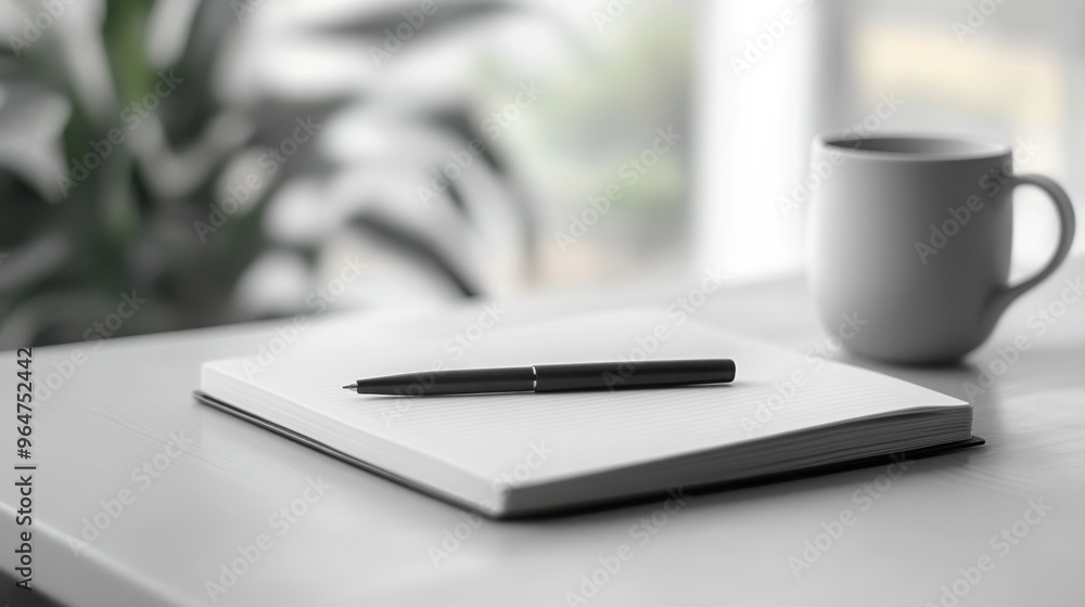 Poster a sleek pen resting on an open notebook, placed neatly on a clean desk