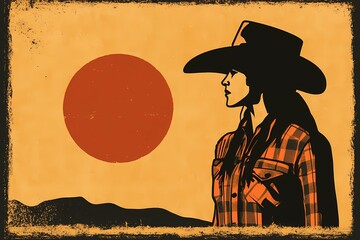 Naklejka premium background image of a cowboy woman, western illustration style, western. 
