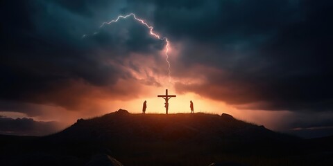 Jesus on the cross at Golgotha, with two criminals crucified on either side. The sky is dark and foreboding.