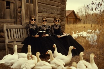 Women in elegant retro black long dresses, sunglasses and holding books in their hands graze geese in a Russian village. An existential crisis. The contrast of self-perception and the world around us
