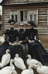 Women in elegant retro black long dresses, sunglasses and holding books in their hands graze geese in a Russian village. An existential crisis. The contrast of self-perception and the world around us