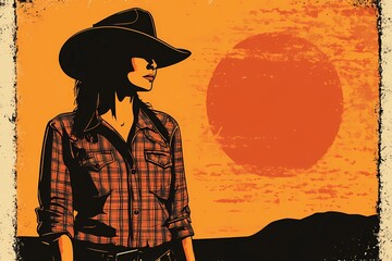 background image of a cowboy woman, western illustration style, western.  