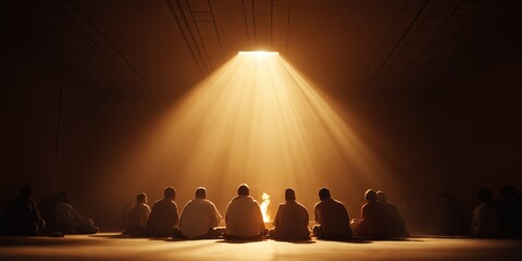 The Apostles are seated in a circle, looking upwards as flames of the Holy Spirit rest above them. 