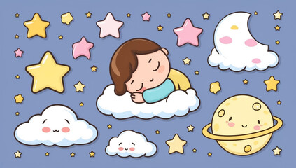 Little cartoon baby sleeping on a cloud, flat design illustration