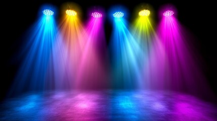 Colorful Stage Lights on a Dark Background, blue, pink, yellow, stage light, lighting effect, spotlight