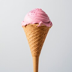 Pink soft serve ice cream in a cone on white background..