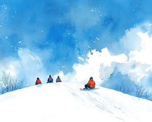 A serene winter scene featuring four individuals on a snowy hill beneath a bright blue sky, capturing the joy of snow activities.