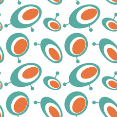 Seamless abstract geometric pattern. Orange, blue, white. Vector illustration. Ovals, circles, lines, dots texture. Design for textile fabrics, wrapping paper, background, wallpaper, cover.