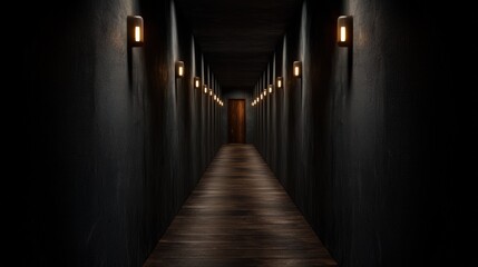 Dark Hallway with Wooden Floor and Light at the End