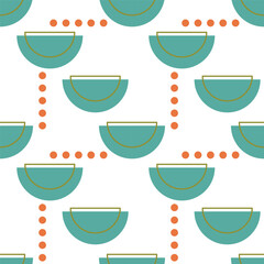 Seamless abstract geometric pattern. Orange, blue, khaki, white. Vector illustration. Ovals, circles, lines, dots texture. Design for textile fabrics, wrapping paper, background, wallpaper, cover.