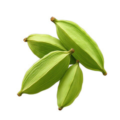 Fresh green cardamom pods, a naturally aromatic spice, ideal for culinary use and spice blends in various recipes. transparent background