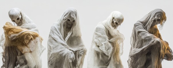 Four Skeletal Figures Draped in White and Gold Fabric, Digital Art, Skulls, Death, Halloween