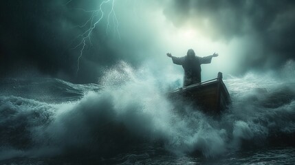 Jesus standing on a small wooden boat in the Sea of Galilee, arms raised as he calms a violent storm. 