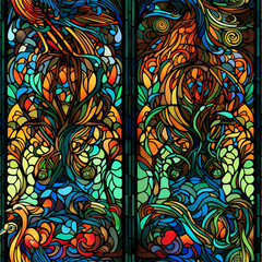 Colorful stained glass style artwork depicting nature and foliage in an artistic and vibrant manner for backgrounds with copy space