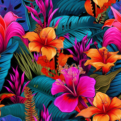 Tropical floral pattern with vibrant colors and lush foliage in an exotic style for backgrounds with copy space
