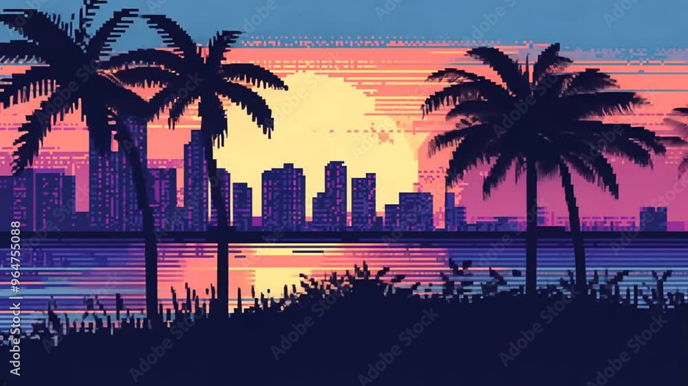 Aufkleber sunset over a city skyline with palm trees and colorful reflections generative ai