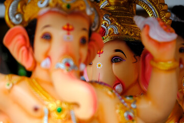 07 September 2024, Newly made idols of the God known as Ganesha or Ganapati for sale at a shop on the eve of Ganesh festival in Pune, India.