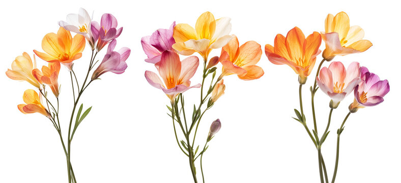 Set Freesia flowers in a bouquet on transparent PNG