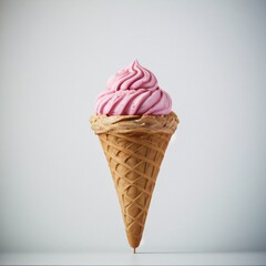 Pink soft serve ice cream in a cone on white background..