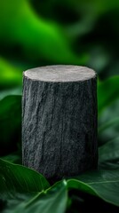  An empty stump podium, deep jungle, huge plant's leaves, low key lighting, high quality textures, natural and earthy feel, dark and mysterious atmosphere 