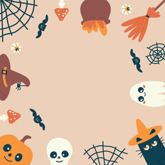 Halloween cute square background. Halloween greeting card with illustration of witch hat, pumpkin, cat, ghosts, broom and cauldron.