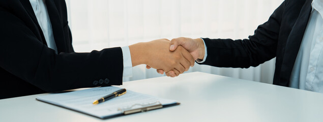 Two business executive shake hand in boardroom, sealing agreement merging two company. Handshake...