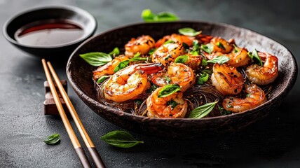 Delicious shrimp dish served over noodles, garnished with fresh herbs and accompanied by a soy sauce dip.