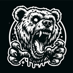 Zombie bear with cartoon sticker logo icon tattoo.