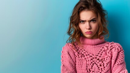 Fototapeta premium A young woman with an angry expression, wearing a pink sweater against a blue background.