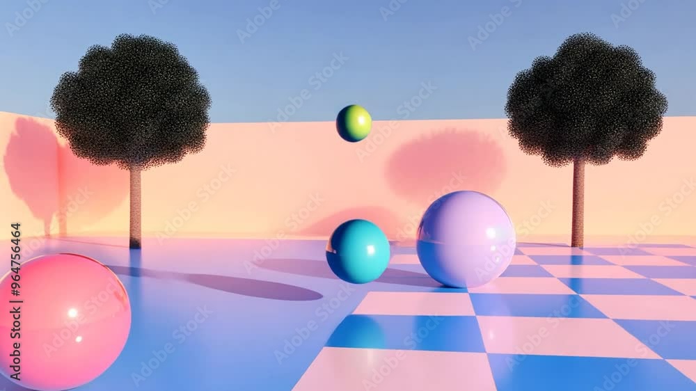 Poster colorful reflective spheres hover above a surreal checkerboard ground generative ai