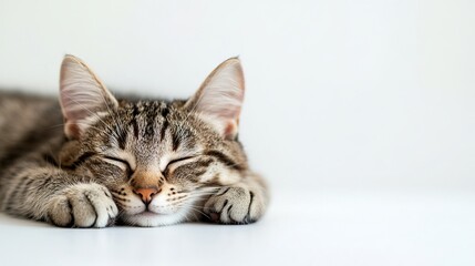 Fototapeta premium A sweet cat takes a nap on a plain white background.