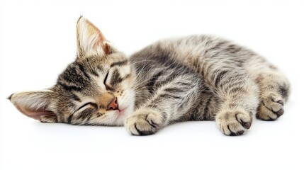 Obraz premium A sweet cat takes a nap on a plain white background.