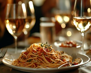 A CloseUp of a Plate of Spaghetti with Red Sauce and a Glass of Wine in the Background